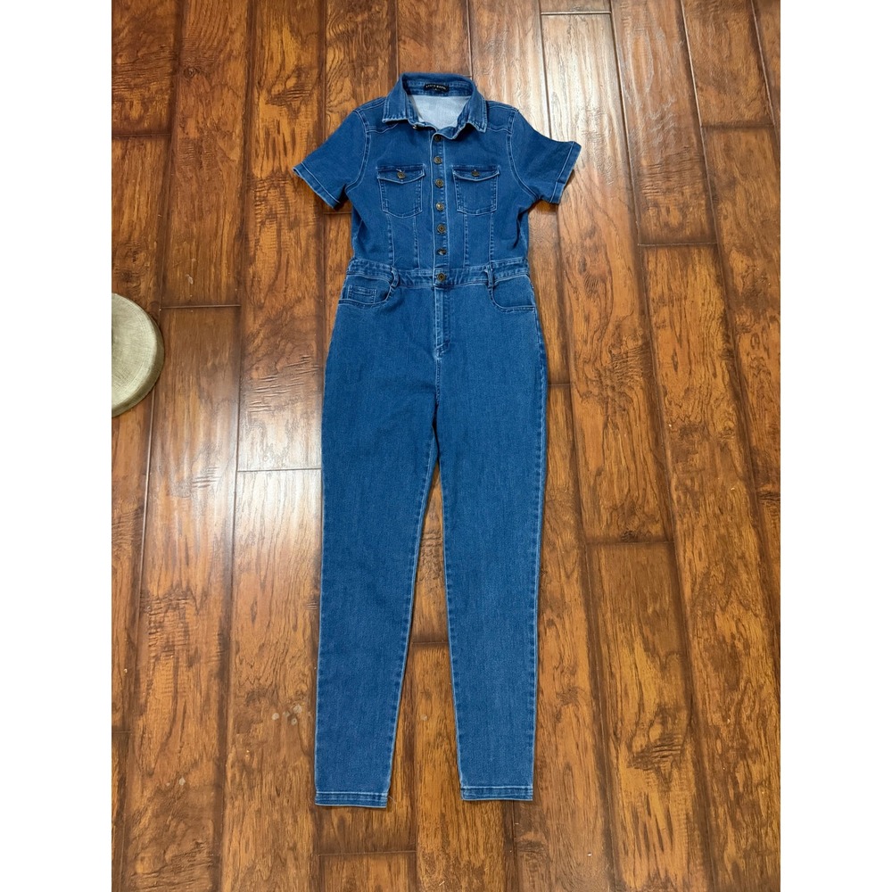 Haute Monde Jumpsuit Women L Blue Excellent Denim Short Sleeve Utility Skinny